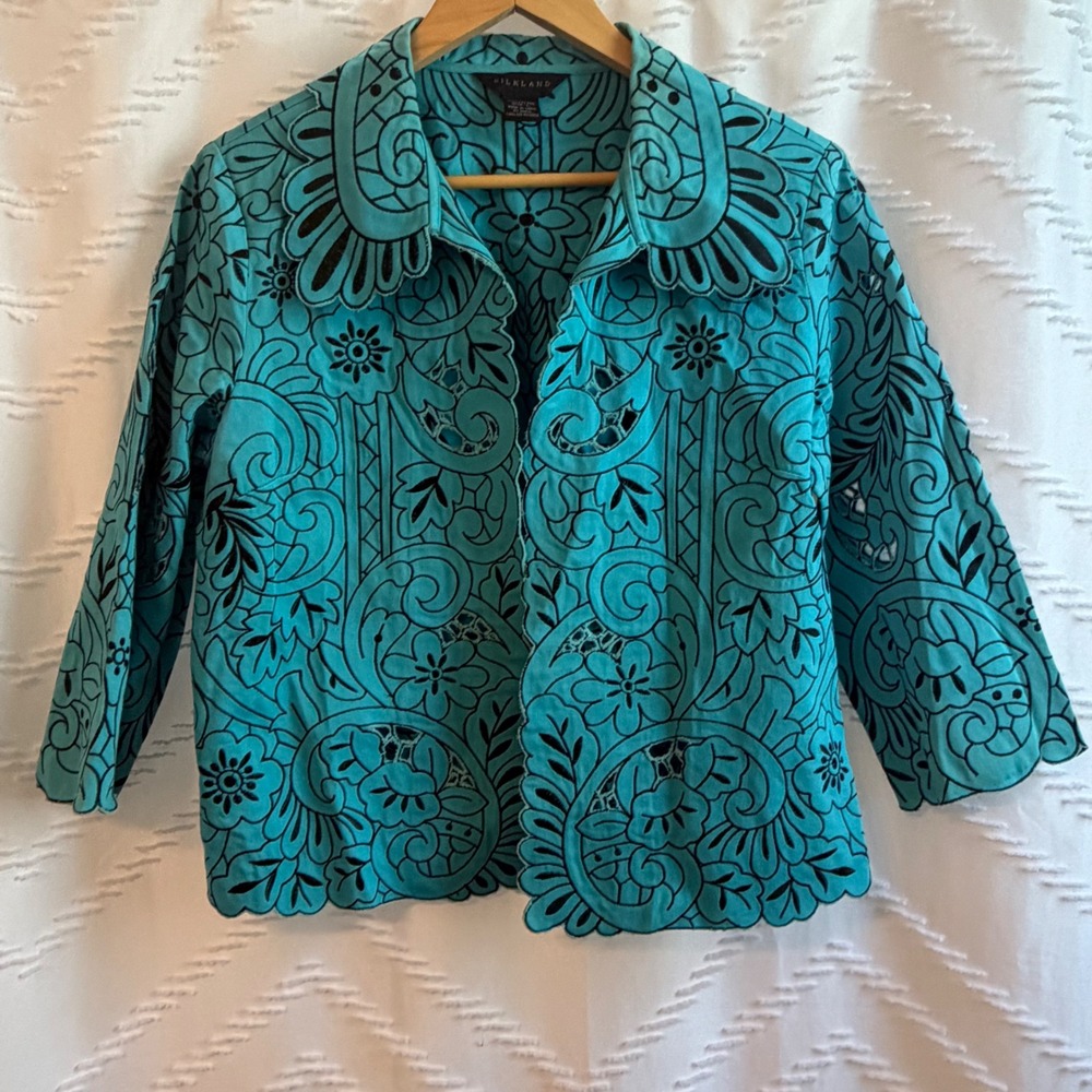 Silkland Teal Blue Embroidered Eyelet Cotton Jacket Scalloped Open Front Large